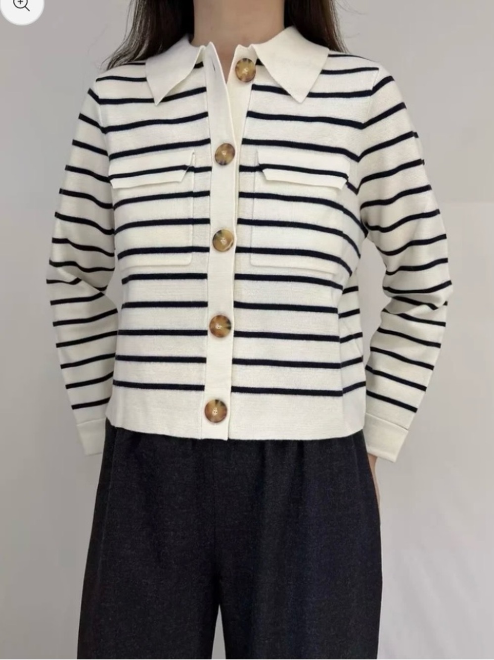 kathy ireland White and Black Striped Button-Front Knit Cardigan